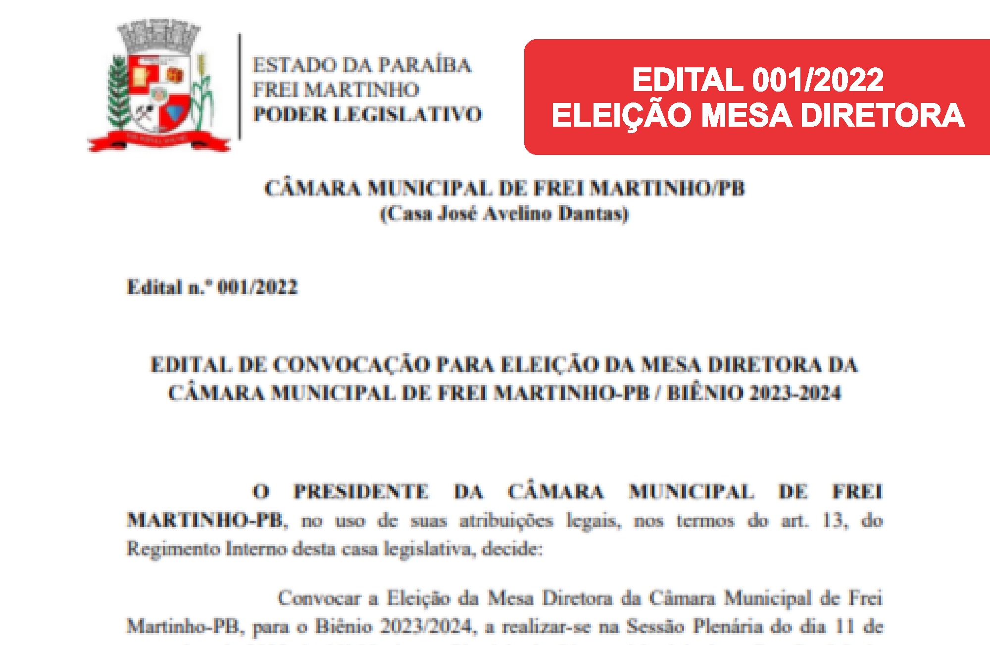 Edital 001/2022 - Eleição Mesa Diretora 2023/2024