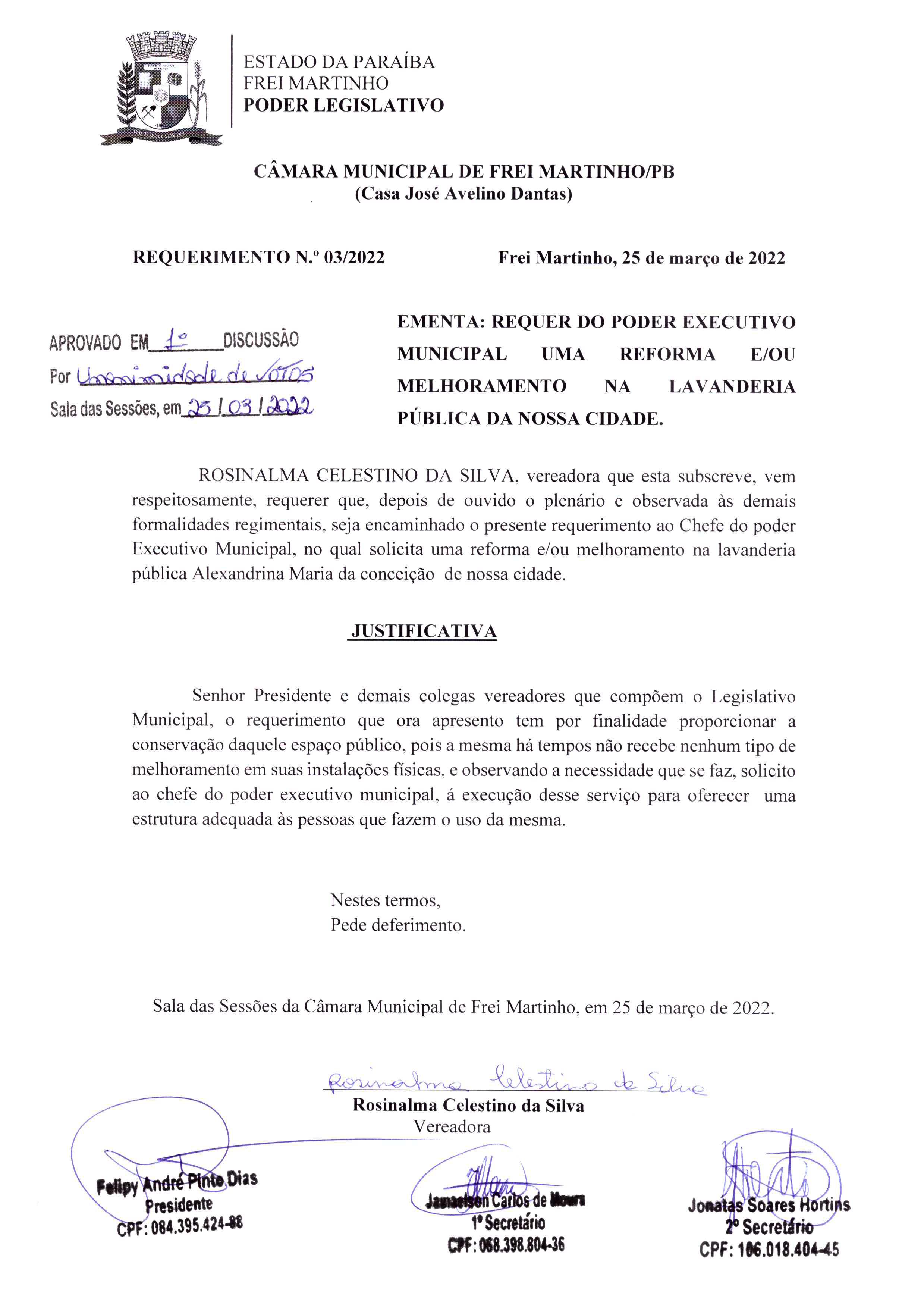 Requerimento 003/2022 - Vereadora: Rosinalma Celestino