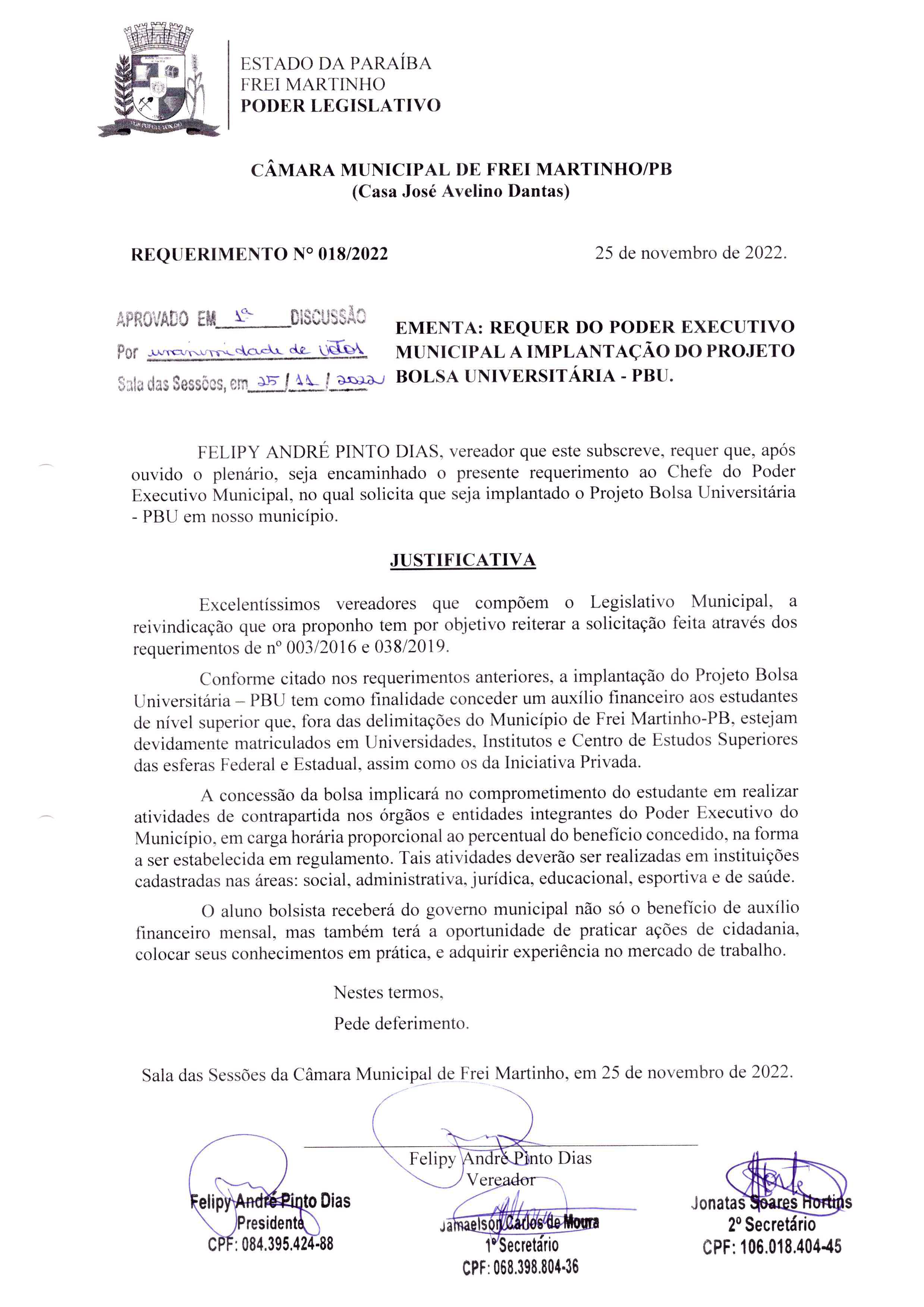 Requerimento 018/2022 - Vereador Felipy André Pinto Dias