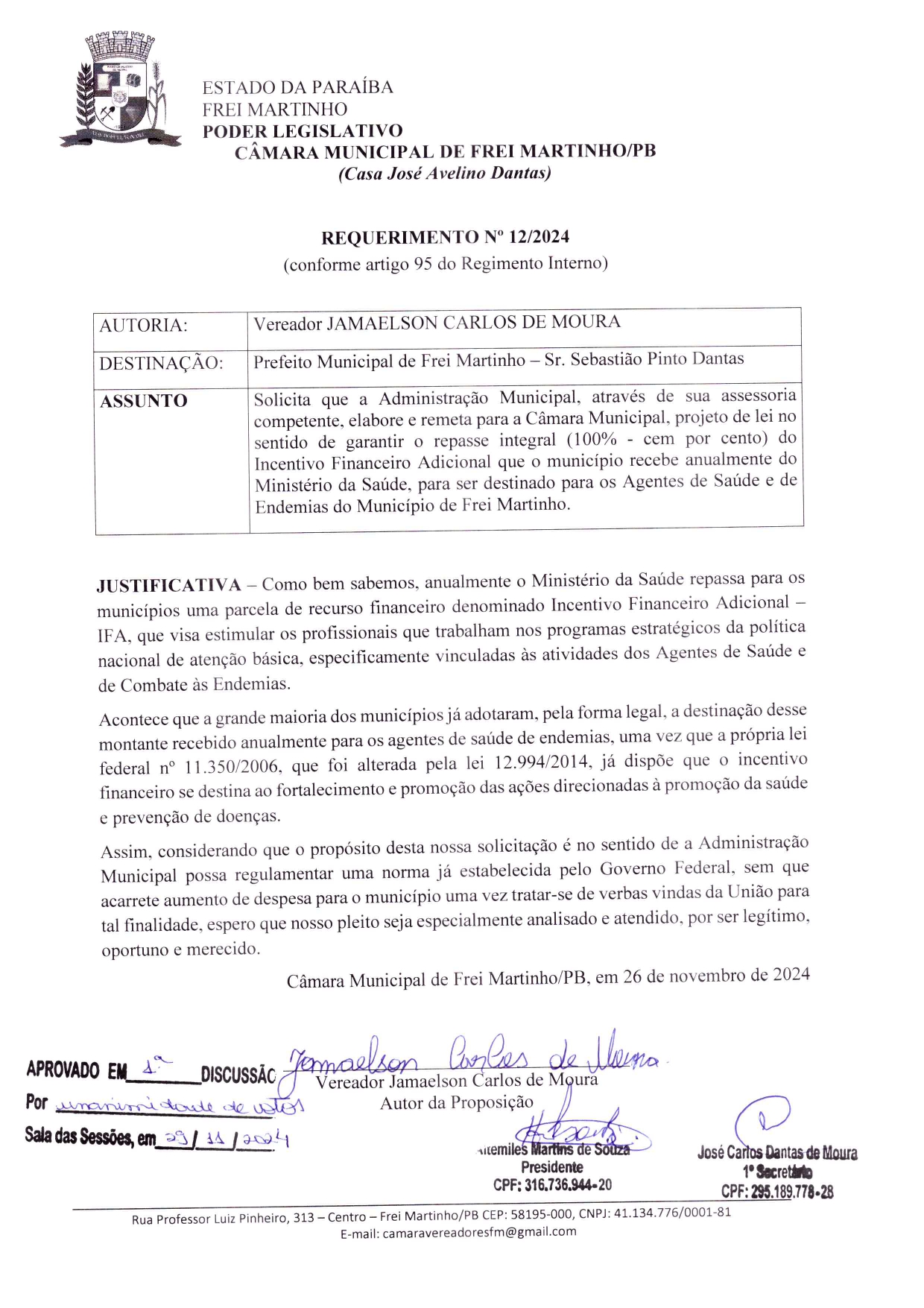 Requerimento 012/2024 - Vereador Jamaelson  Carlos de Moura