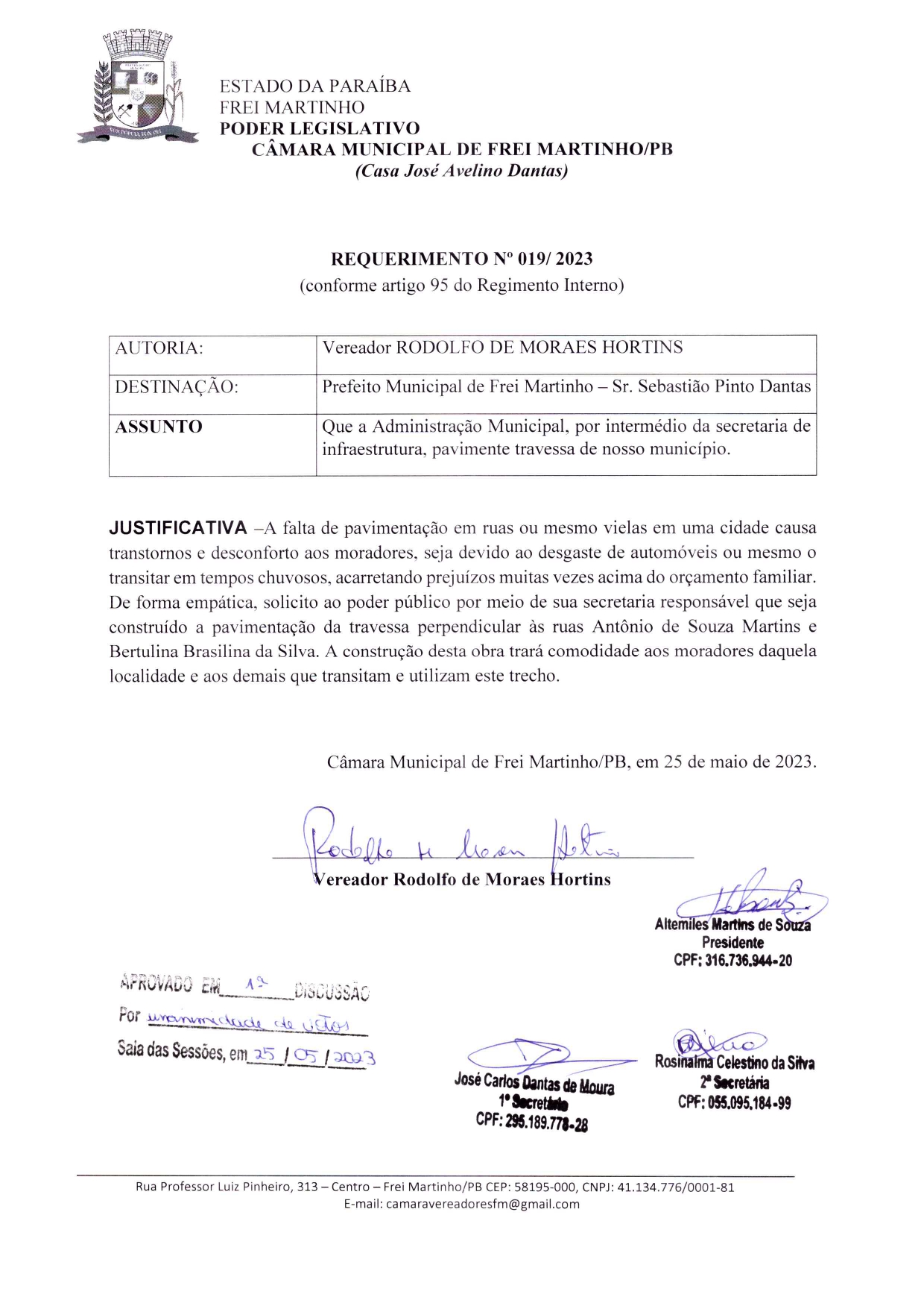 Requerimento 019/2023 - Vereador Rodolfo de Moraes Hortins