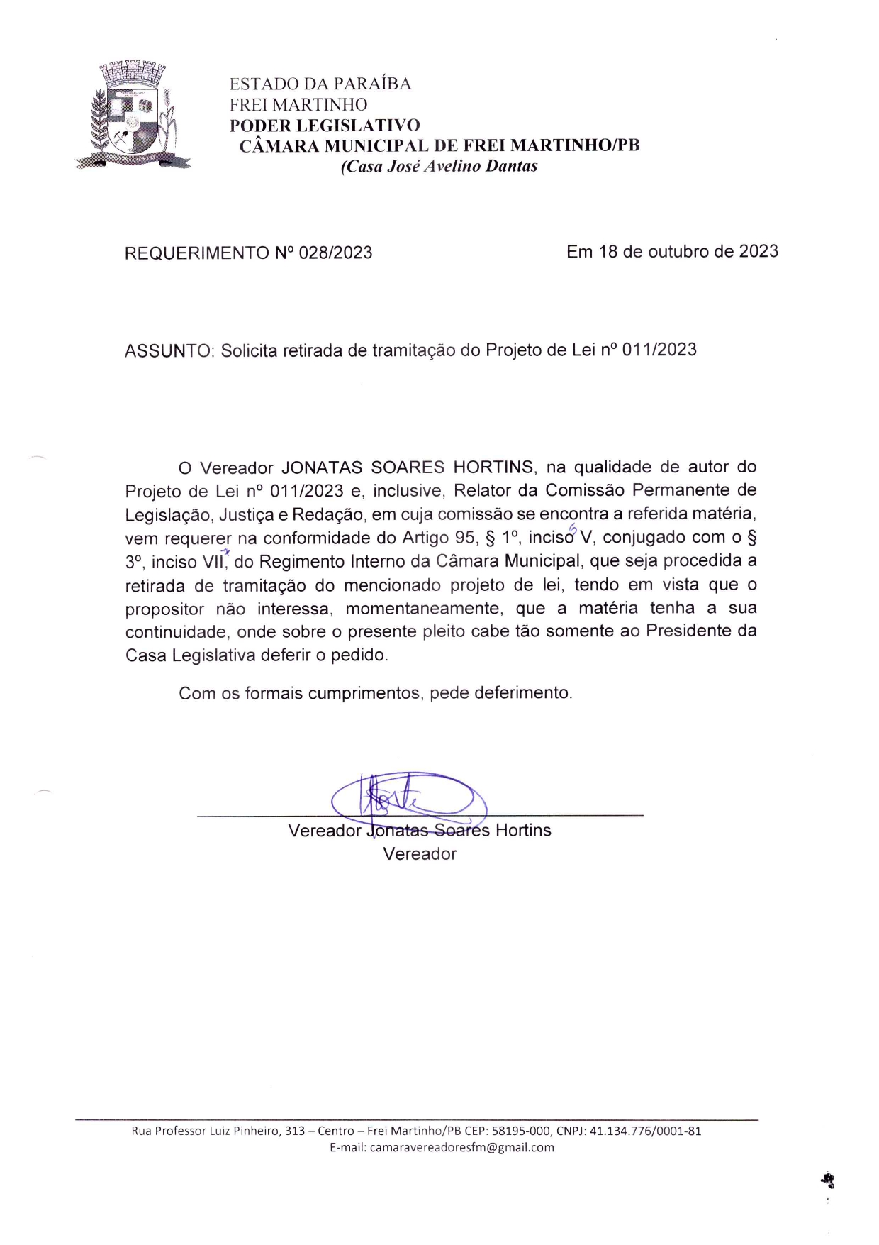 Requerimento 028/2023 - Vereador Jonatas Soares Hortins